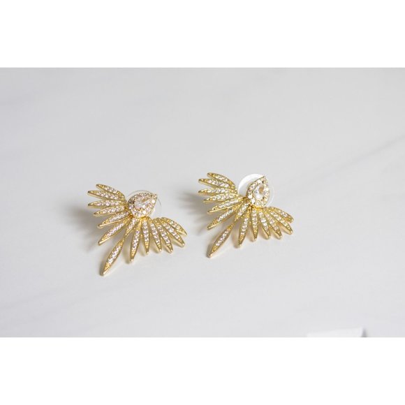 Diamond Ear Jacket Earrings Feather Front & Back Jacket Earrings Cubic Zirconia - Picture 2 of 5